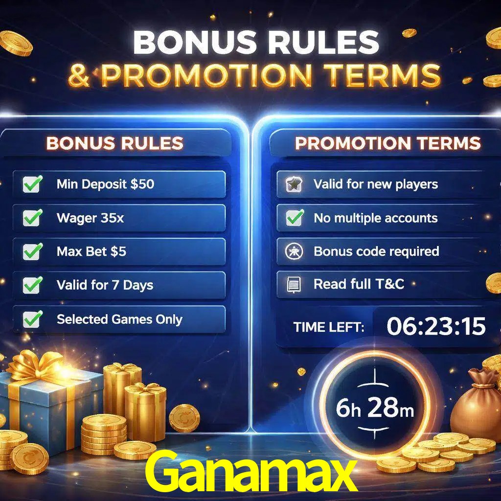 Reglas de promoción Ganamax y condiciones de bonos explicadas visualmente