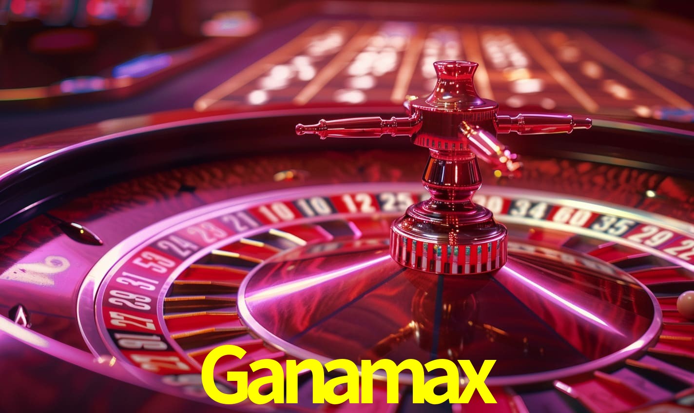 Una escena digital vívida inspirada en casino con Ganamax mostrado prominentemente, luces brillantes, fichas, cartas y acentos dorados.