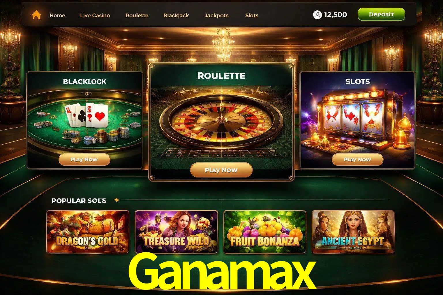 Vista de la plataforma Ganamax Casino mostrando categorías organizadas de juegos en línea