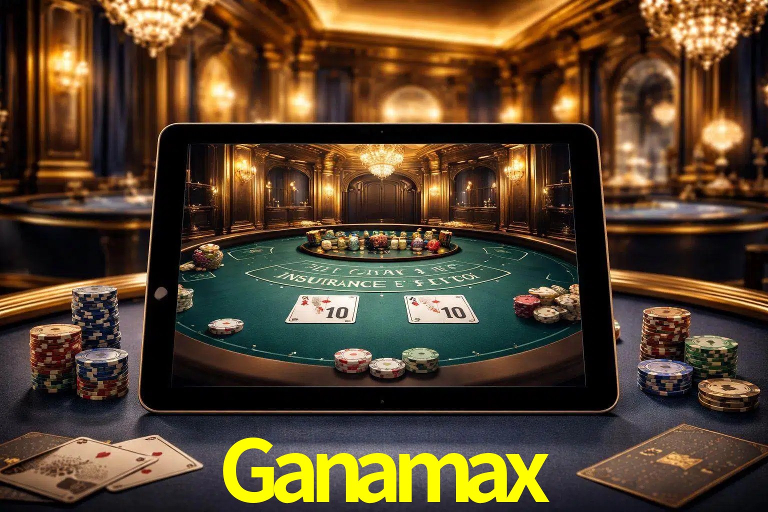 Configuración moderna de casino en vivo con una tableta mostrando una mesa de blackjack, luces cálidas de estudio y una atmósfera elegante de juegos digitales.