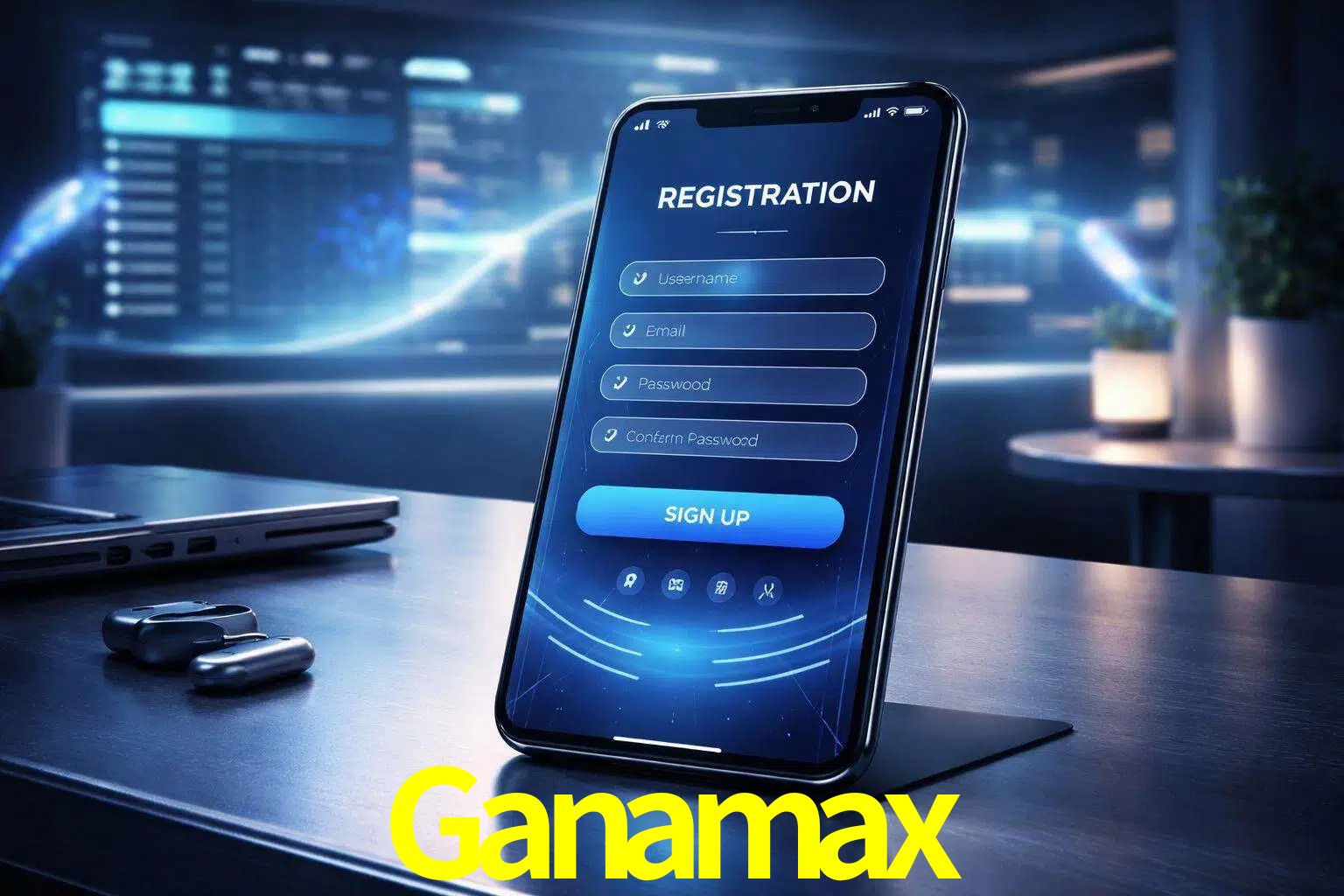 Una interfaz moderna de registro móvil para Ganamax mostrada en un smartphone con un panel de apuestas elegante.